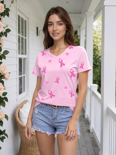Eatbook Breast Cancer Shirts for Women Pink Ribbon Graphic V Neck Tee Tops — view 3