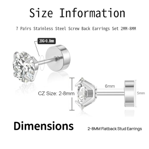 7 Pairs 20G Hypoallergenic Flat Back Earrings Studs for Women Men 2MM-8MM Surgical Stainless Steel Cubic Zirconia Earrings Studs Set for Sensitive Ears Cartilage Tragus Piercing Jewelry with 8 Ball Flat Screw Back Accessories2
