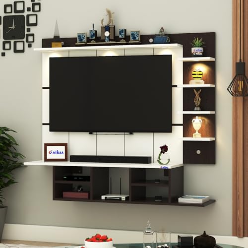 Image of Anikaa Charley Engineered Wood Wall Mount Striped PVC Back Panel TV Unit with Spot LED Lights | TV Cabinet with Open Storage Box (Wenge /White) | Ideal for UP to 43 Inch TVs - DIY Installation