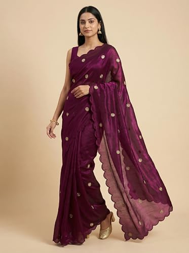 Image of Women's Pure Fandy Satin Sequin Embroidered work Saree with Dupion Unstitched Blouse Piece