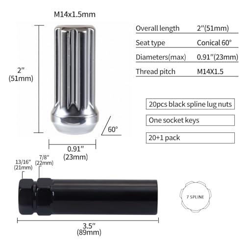 Image of M14x1.5 Lug Nuts 14x1.5 7 Spline M14 x 1.5 Chrome Lug Nuts 2 inch Tall Set of 20 Pack 14mmx1.5 Acorn Aftermarket Wheel Lug Nut