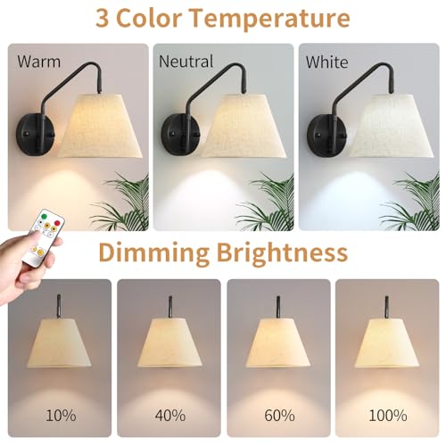 Image of Black Wireless Wall Sconces Set of Two, Swing Arm Battery Wall Sconce, Battery Operated Wall Sconce with Remote, Battery Sconces with Linen Lampshade, Rechargeable Wall Lights for Living Room