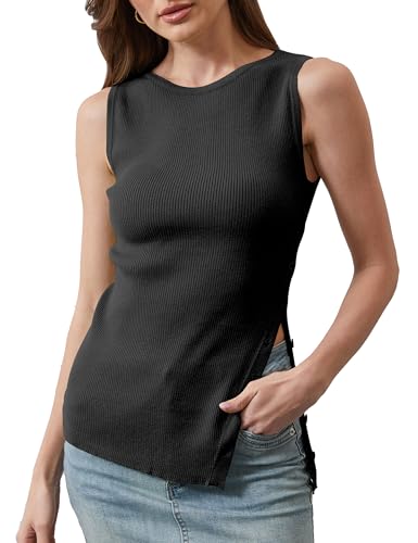 Image of Women Asymmetrical Button Sweater Vest Sleeveless Side Split Rib Knit Slim Fit Sweater Tank Top Summer Pullover Top