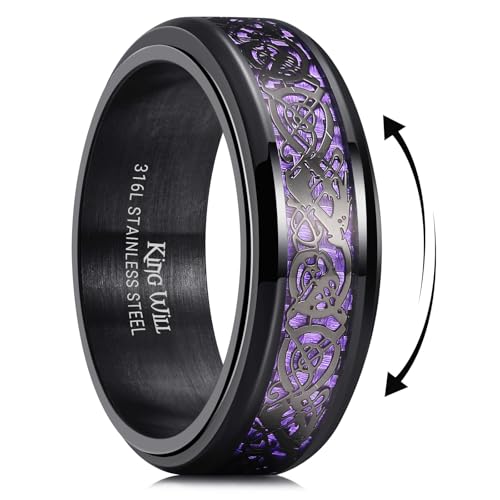 Image of King Will 316L Stainless Steel Spinner Ring for Men Women- 8mm Width Fidget Ring with Dragon /Celtic Knot Pattern, Stress Anxiety Relief Comfort Fit Wedding Band