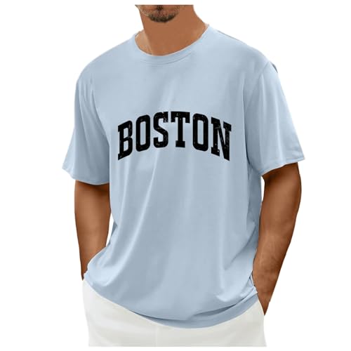 Camiseta oversized para hombre, cuello redondo, manga corta, suelta, verano, camiseta de moda con gráfico Boston, camiseta de cuello redondo de manga corta con estampado vintage de letras, azul claro,