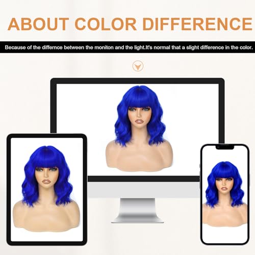 Image of AGO Blue Short Wavy Wigs with Bangs Curly Bob Wig Shoulder Length 14Inch Synthetic Hair Wig for Women Girl Heat Resistant Synthetic Colorful Wigs for Daily Party Halloween Cosplay Use(517#Blue)