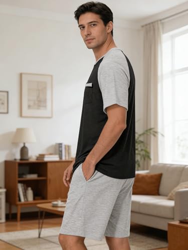 Image of Mens Pajamas Set Modal Soft Pajama Short Set Short Sleeve Pjs Sleepwear 2 Piece Lounge Set With Pockets S-3XL