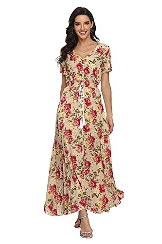 Image of VintageClothing Women's Floral Maxi Dresses Boho Button Up Split Summer Casual Long Dress Beach Party Dress