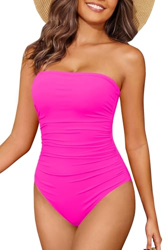 Holipick Women Hot Pink Bandeau One Piece Swimsuits Tummy Control