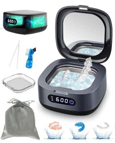 Voraiya 2025 Rechargeable Ultrasonic Retainer Cleaner, Portable Retainer Cleaner Machine, 52kHz Retainer Cleaner for Dentures, Night Guards, Mouth Guards, 166ml Dental Cleaning Pod with Mirror,3 Modes