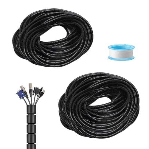 1 gaine de câble de 20 m et 1 gaine de protection de câble de 15 m - Noir - Avec 1 ruban adhésif - Pour cacher les câbles - Flexible - Résistant aux morsures - Isolant - Longueur DIY - Pour TV/PC