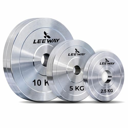 Image of Leeway Calibrated Steel Weight Plates (70kg Set) | 51mm Olympic Barbell Plates for Home Gym & Powerlifting | Solid Steel Construction | Gym Weights for Strength Training & Workouts (Chrome, 70kg Set)
