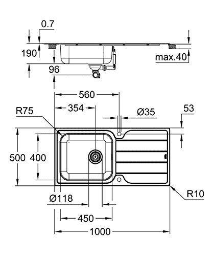 Évier de cuisine encastrable 1 bac avec égouttoir acier inoxydable GROHE - 5