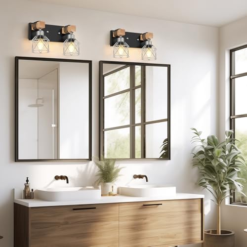 Image of FadimiKoo Farmhouse Bathroom Light Fixtures, Rustic 2-Light Wood Vanity Lights for Bathroom, Industrial Black Silver Wall Lighting with Metal Shade for Bedroom, Living Room, Hallway