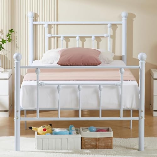 VECELO Metallbett 90 x 200 cm Bettrahmen mit Lattenrost und Hohem Kopfteil, Modern Gästebett Jugendbett, Einfacher Aufbau für Schlafzimmer Gästezimmer, Weiß
