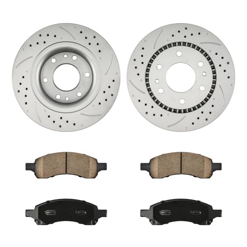 Image of KAX Front Brake Kit, Drilled and Slotted Brake Rotors, Ceramic Brake Pads | Fits Chevrolet Trailblazer 2006-2009, GMC Envoy 2006-2009, Buick Rainier 2006-2007, Isuzu Ascender 2006-2008