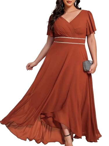 Image of Ever-Pretty Plus Women's Chiffon V-Neck Beading Ruffles Sleeves Maxi High Low Plus Size Formal Dresses