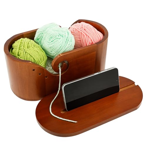 SUPPUIMNT Garnschale Holz Schalenhalter mit Löchern Ovale Holzgarnschüssel mit Deckel Glattes Strickgarn Lagerhalter Häkelschale mit Doppelter Organizer für Locken Häkelarbeiten Stricken