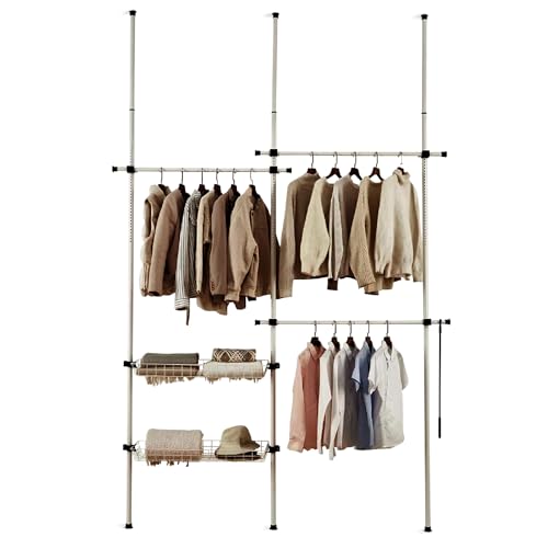 Direct Online Houseware House of Home - Double Telescopic Wardrobe Organiser Adjustable 2-Tier Hanging Clothes Rack with Storage Baskets 110–310cm Height, 130–240cm Width