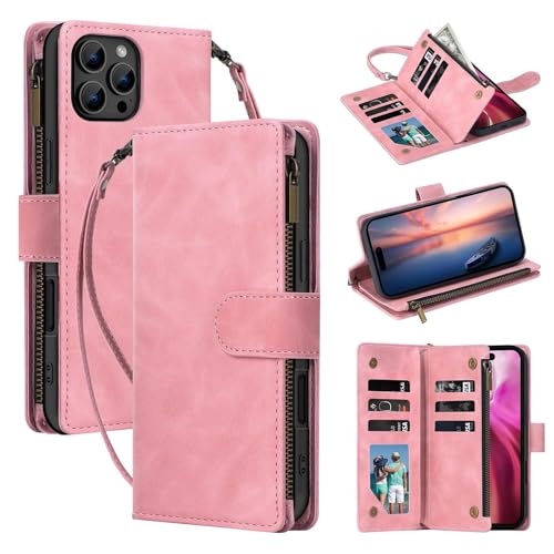 Protection iPhone 15 portefeuille cuir bleu avec fermeture éclair et béquille
