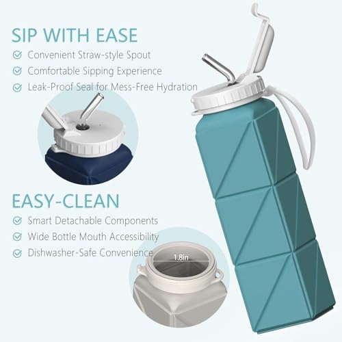 BEAUTAIL Collapsible Water Bottles 2 Pack, Silicone Foldable Portable Water Bottle 610ml, Lightweight Reusable Leakproof for Travel Camping Hiking Cycling Yoga Sports Outdoor (Blue+DarkBlue) - Thumbnail 5