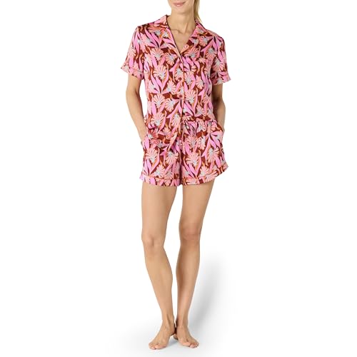 Amazon Essentials Completo da Notte in Raso con Top a Maniche Corte con Bottoni e Pantaloncini Donna, Rosso Mattone Ventaglio Floreale, XXL