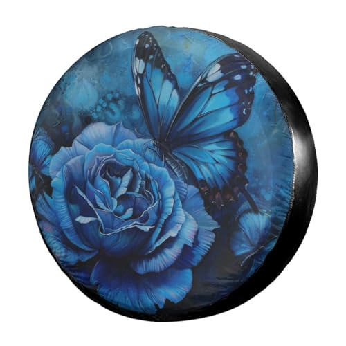 Image of Delerain Spare Tire Cover Blue Rose Butterfly Wheel Covers Sun Protection Waterproof for Truck RV Trailer SUV and Many Vehicle (14 Inch for Diameter 23 inch-27 inch)