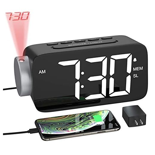 YISSVIC Projection Alarm Clock Radio Digital Alarm Clocks for Bedrooms 6.3" Screen Led Clock with USB Charger 4 Dimmer 12/24 Hour Switch 180° Rotation Projection on Ceiling Wall (6.3 Inch)