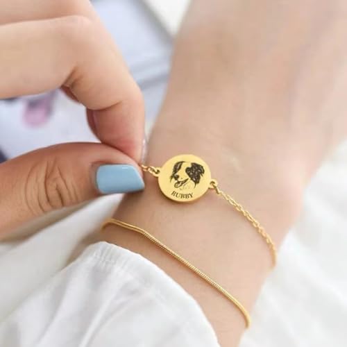 yrozvw Personalisierte Pet Portrait Armband mit Pet Name Handmade graviert Skizze Stil Katze/Hund Foto Armbänder Haustiere Gedenkschmuck Geschenk für Katzen- und Hundeliebhaber