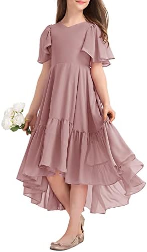 Girls Ruffle Dresses Casual A Line V Neck Short Sleeve Flowy High Low Long Maxi Junior Bridesmaid Party Dress Pink