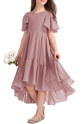 Girls Ruffle Dresses Casual A Line V Neck Short Sleeve Flowy High Low Long Maxi Junior Bridesmaid Party Dress Pink #TOP29