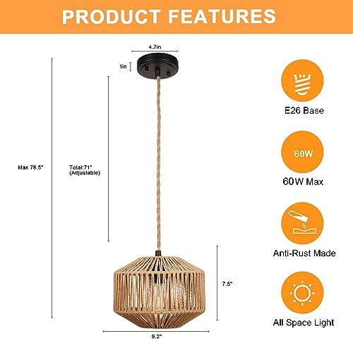 Rattan Woven Pendant Lamp, Natural Simple Hand Weaved Coastal Beach Rope Pendant Fixture For Dining Room Living Room Bedroom Kitchen Foyer #TOP4