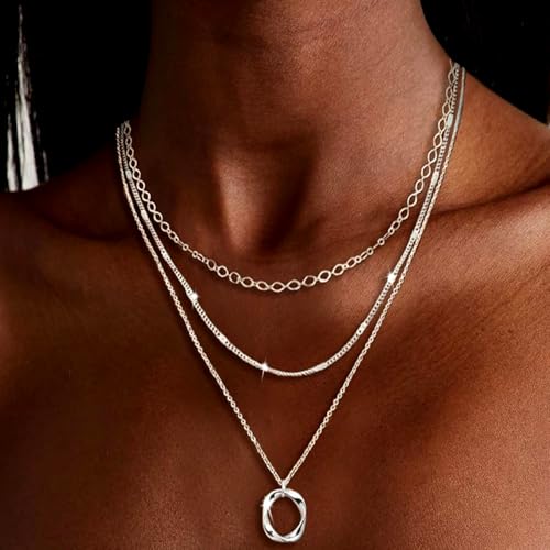 Layered Silver Necklaces for Women Sterling Silver Stackable Stack Choker Necklaces for Women Trendy Layering Circle Pendant Chain Necklace3