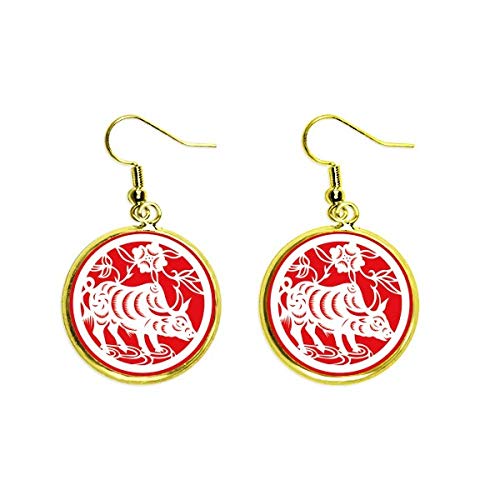 Pendientes de buey en corte de papel del zodiaco chino con gota dorada para mujer