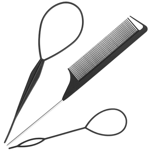 3 Pieces Hair Comb - Topsy Tail Hair Tool, Anti-Static Tail Combs Hair Braiding Tool French Braid Accessories Salon Barber Hairdressing Combs for Women and Men (Black)