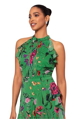 Betsy & Adam Women's Sleeveless Halter Neck Long Chiffon Floral Ruffle Dress4