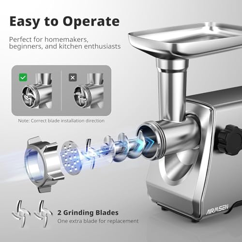 Image of AIRMSEN Electric Meat Grinder & Mincer - Heavy Duty Professional Stainless Steel Sausage Maker & Stuffer with 3 Plates, 2 Stainless Blades & Kubbe Kit - Fast, Quiet, Easy to Clean for Home Kitchen Use