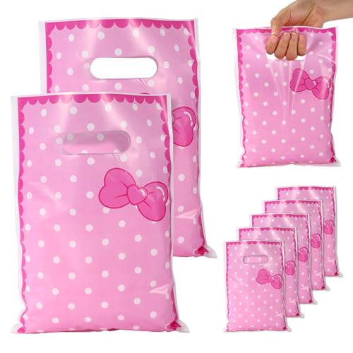 50pcs Cartoon Gift Bags, Cute Pink Bow Party Favor Bags with Handle & White Polka Dots Print for Candy Snacks Goodies Treat Goody Baby Shower Kids Birthday Party Supplies Decoration