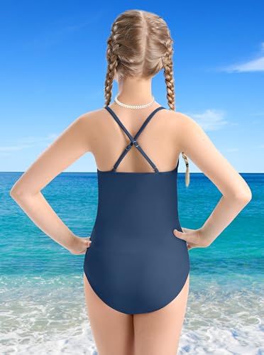 Image of Girls Swimsuit Criss Cross Ruched One Piece Bathing Suit with Printed Mesh Cover Ups Adjustable Straps Swimwear 7-16Y