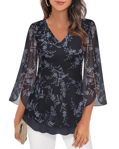 Damenblusen Elegant 3/4 Arm Schwarz Lang Festliche Tunika Damen Lang Curvy...