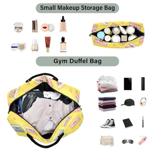 Music Tape Yellow Travel Duffel Bag for Men Women with Makeup Bag Weekend Overnight Carry On Bags for Travel Hospital Gym4