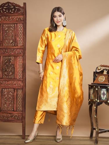 Image of VredeVogel Women's Cotton Silk Jacquard, Banarasi Silk Kurta Pant With Dupatta Set