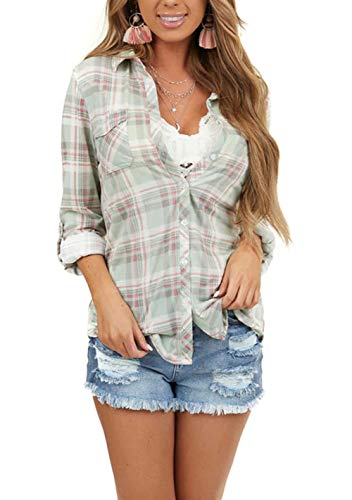 NUOREEL Women's Classic Plaid Shirt Button Down Shirts Roll Up Long Sleeve Cuffed Shirts (Sage and Blush, Medium)