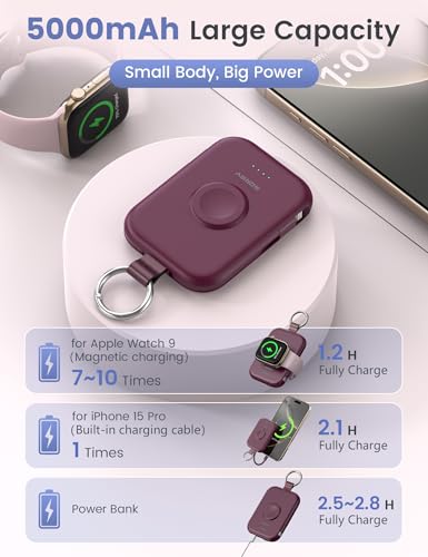 Image of RORRY CharmGo Portable Charger, 5000mAh Portable Charger Power Bank with Built-in Cables, Travel Keychain Battery Pack for Apple Watch and iPhone Air /17 /16 /15 /14 /13 /12, Burgundy