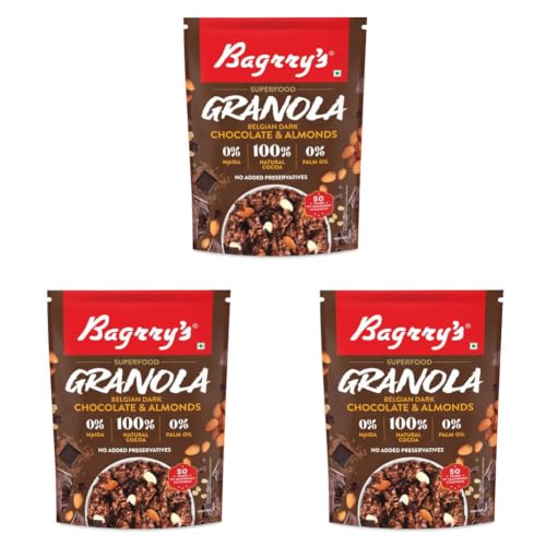 Image of Bagrry's Superfood Granola Belgian Dark Chocolate & Almonds 400g | 40% Oats & Quinoa Flakes | 100% Natural Cocoa | Plant-Based | High Fibre & Protein Crunchy Breakfast Cereal | Multigrain Cereal | 100% Baked Granola | No Palm Oil