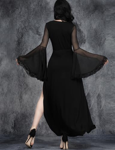 Women Gothic V Neck High Slit Witch Sleeve Lace Patchwork Ghost Bridal Goth Dress3