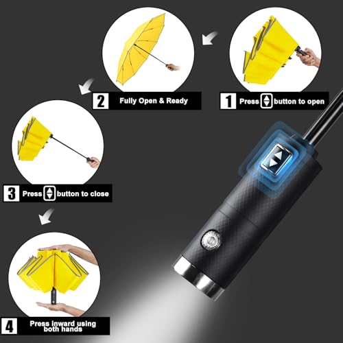 Lejorain Automatic Folding Umbrella Inverted - Upside Down Yellow Windproof Umbrella LED Flashlight Handle With Reflective Strip — view 5