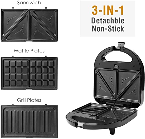Sandwich Makers, Waffle Maker, Sandwich Grill 3-In-1, 750W, Detachable Non-Stick Coating, Cool Touch Handle, Anti-Skid Feet, Indicator Lights, Black… #TOP3