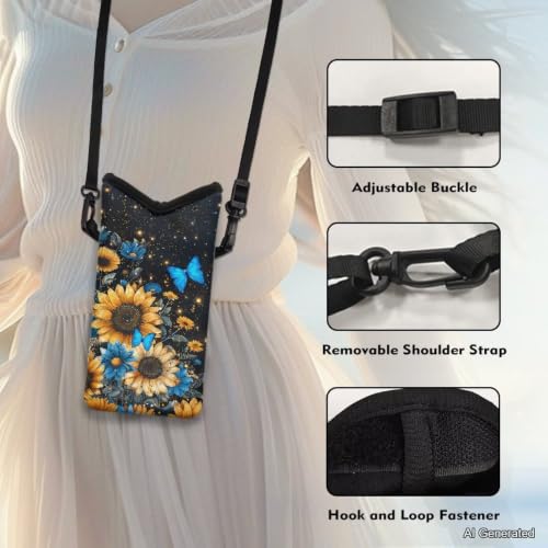 Image of Neoprene Phone Pouch Bag Shockproof Crossbody Phone Purse Bag with Detachable Adjustable Strap Travel Essentials Hands Free, Sunflower Blue Daisy Butterfly Sparkle Black