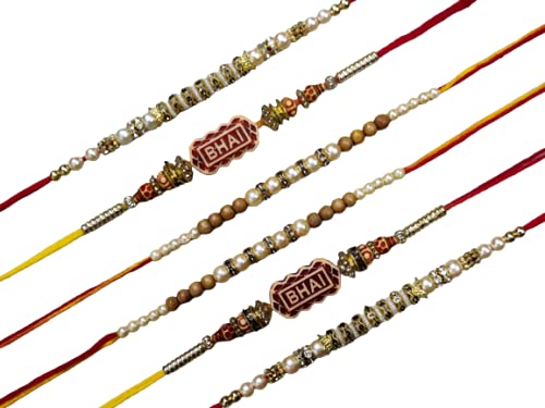 House of Crafts Pack of 6 Goid Plated Bhai Name Dora Moti rudraksha Rakhi for Big Brother, Bhai Bhabhi Kids Little Bro Fancy Desigener Moti Pearls Rakhi With Roli Kumkum Chawal